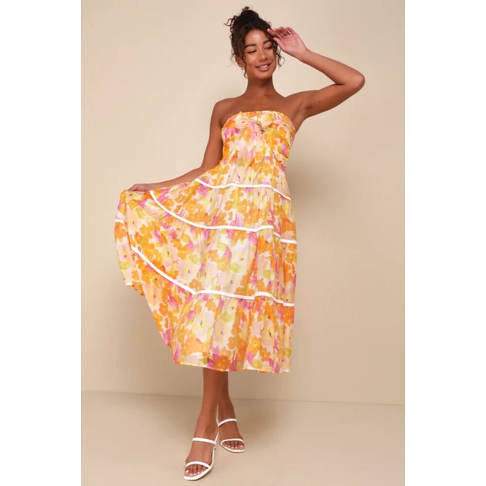 Lulus Sunlight Aura Orange Floral Strapless Tiered Midi Dress Sz Small NWT